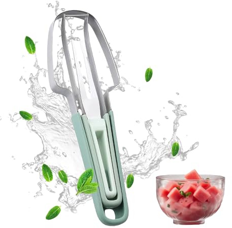 Melonenschneider Edelstahl,3-in-1 Obstschneider aus Edelstahl,Wassermelonen Schneider,Melonen Schneider,Fruchtschneider,Wassermelonengabel,Watermelon Cutter,Wassermelonenschneider (Grüner Cutter)