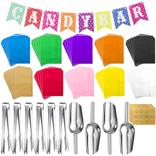 71PCS Accessoires Candy Bar Kits,Contient 50 Sacs en Papier Kraft Bonbons,10 Autocollants,6 Pinces à Glaçons Pinces à Sucre,4 Cuillères à Glace,1 Candy Bar Banderole Guirlande pour Bar à Bonbons,Fête