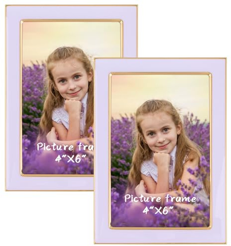 4x6 Purple Enamel Picture Frames - Metal Gold Edge - Cute Frame for 4 x 6 Inch Photos Pictures Artwork - Real Glass - With Tabletop Easel Stand - Hanger for Wall Mount Display (2 Pack)