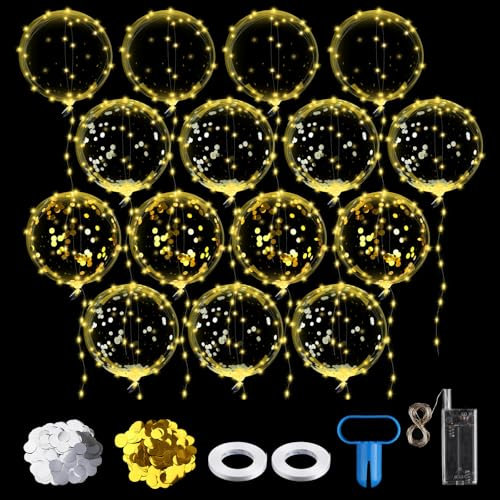 15 Piezas Globos Iluminados, 38cm Globos Transparentes Iluminados con Luces de Hadas LED, Lentejuelas y Cintas para Cumpleaños, Boda (Blanco Cálido)
