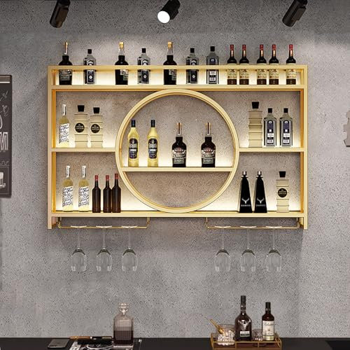 Weinregal Wand Mit LED-Beleuchtung,Flaschenregal Mit Gläserhalter Zum Aufhängen,Barregal,Weinflaschenhalter Aus Metall,Weinregale Wandregal Mit Weinglashalter For Küche Regal For Likörflaschen(Gold,10