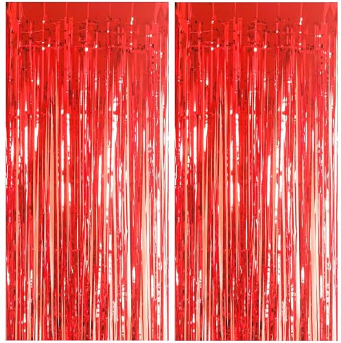 2pcs Tinsel Curtain Silvery Glitter, 3ft X 6.4ft Aluminum Foil Flow Curtain Background Streamer, Girls Tinsel Curtains Pastel Foils Fringe,Birthday Party Wedding Backdrop Decoration(Red)