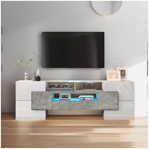 Wyibwy Mueble para TV, 145 x 51 x 30 cm, Iluminación LED, Salón, Blanco + Gris