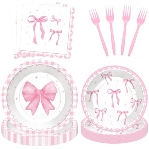 100 Pcs Pink Ribbon Bow Party Supplies Set - Serves 25, Watercolor Disposable Tableware, Includes Paper Plates, Napkins, Forks for Wedding, Bachelorette, Birthday, Girl’s Coquette-Style Themed Favors