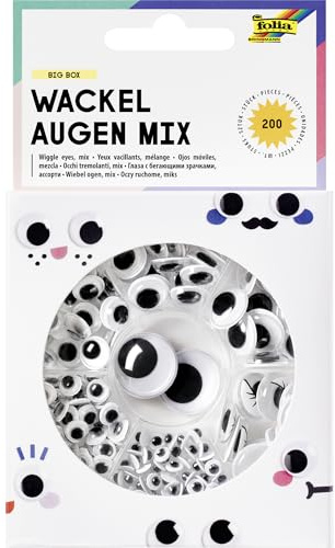 folia 7549 - Wackelaugen Mix BIG BOX, 200 klassische Kulleraugen in 6 Größen, inkl. Ø 14 mm mit Wimpern, selbstklebend, zum Verzieren und Dekorieren