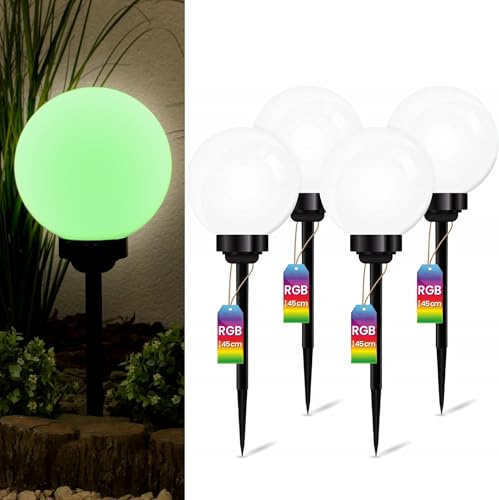 Lumiled Set 4x Solarlampe für außen Garten Kugelleuchte mit Erdspieß RGB Mehrfarbig ∅15 cm Dämmerungssensor Außenleuchte Wegeleuchte Stehleuchte Außenleuchte Wegeleuchte Stehleuchte IP44