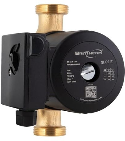 BritTherm B1 25/8-180 Bronze Hot Water Pump - Secondary Recirculator for Potable Systems, 180mm Inline, 1.5 Connections, 3 Speeds, 240V, 8m Head, High Flow 6.9 m³/h, Includes Cable & Plug