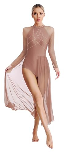 Loodgao Vestito da Balletto Danza Classica Moderna Body Pattinaggio Artistico Donna con Leotard Monospalla e Abito Lirico Contemporaneo da Competizione Rosa polveroso S