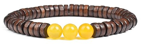 DEJIN Cylindriska träpärlor med naturstenarmband för män kvinnor elastiskt rep gul tigeröga sten och träarmband, Sten