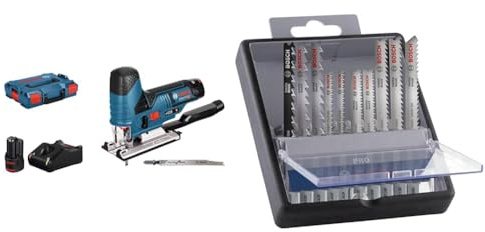 Bosch Professional 12V System Akku Stichsäge GST 12V-70 (inkl. Akku, GAL 1230 CV, 2x Stichsägeblätter) + 10x PRO Hardwood and Laminate Stichsägeblatt-Set (für Hartholz, Parkett, Länge 83 mm, Zubehör)