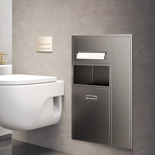 Toilettenpapierhalter Unterputz Toilettenpapierhalter für Badezimmereinbau, Platzsparende Wandnische mit Mülleimer und Toilettenbürstenaufbewahrung, Wasserdichte Duschnischen aus Edelstahl 304(Gray)