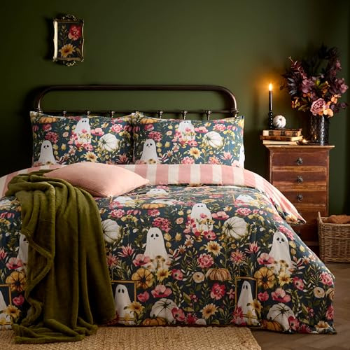 furn. Bootanical Duvet Cover Set (Multicolour - King) | Reversible Autumnal Floral Ghost Striped Halloween Easycare Polycotton Bedding