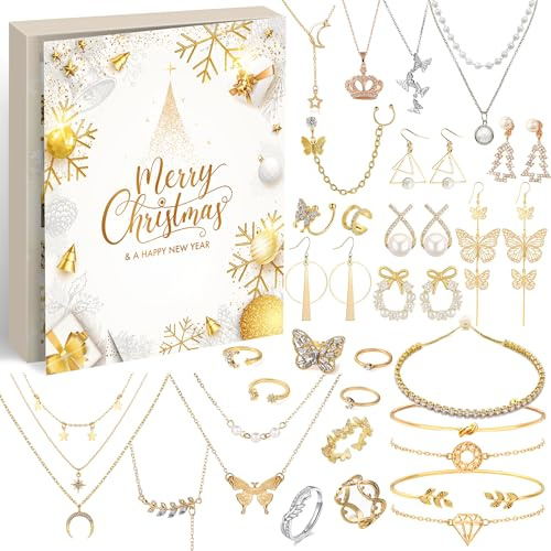 Calendrier de l'Avent Bijoux Femmes 2025 - Calendrier de Noël Filles, 24 surprises Bracelet Collier Bague Boucles d'oreilles, Calendrier à rebours, Cadeau de Noël pour Femmes Adolescentes