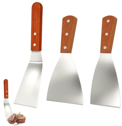 3 Pièces Spatule,Différentes Tailles et Styles Spatule Plancha,Ustensiles Plancha Acier Inoxydable et Bois,Pelle pour Planchas,Palette Cuisine Inox pour Cuisine de Restaurant et Barbecue Parties
