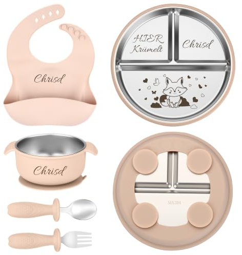 Personalisierter Babyteller mit Saugnapf, Edelstahl Teller Baby mit Namen | Beikost Baby Zubehör Personalisierte Geburtstags und Taufgeschenke (Beige)