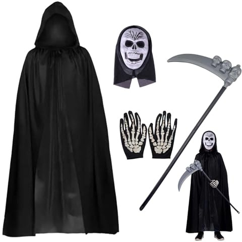 YTAXYZWR Costume Faucheuse Adulte 4 Pièces Cape Longue 140cm avec Capuche Masque Crâne Gants Accessoire Fête Halloween Décoration Noire