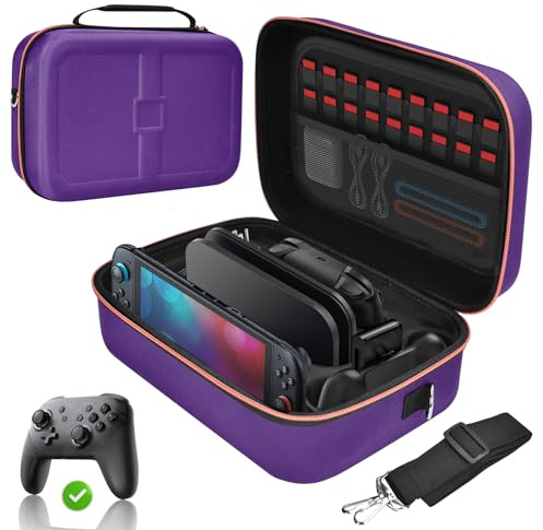 Gorixer Switch 2 All In One Tasche Kompatibel mit Nintendo Switch 1 or 2(2025), Deluxe Harte Tasche, Schützende Tragetasche Speichert 18 Spiele für Original&Lite&OLED&Konsole&Pro Controller (Lila)