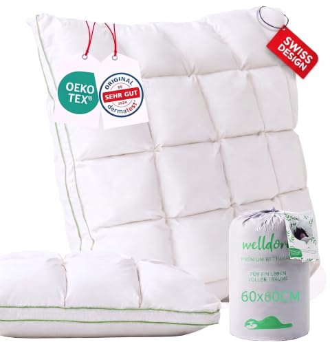 Welldora Premium Kopfkissen 60x60, 100% Daunenfasern & Federn, mittelfest | Puffwolken-Design für höchsten Komfort | Seiten- & Rückenschläfer | Oeko-Tex | Dermatest Sehr gut | Schweizer Marke