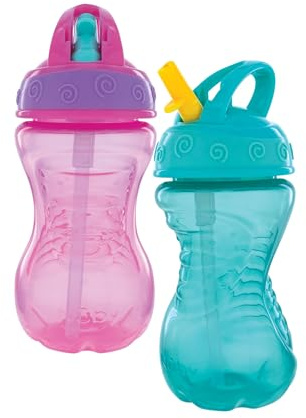 Nuby 2-Pack Flip-It Easy Grip Cups with Easy-Flo Straw, 10 Oz, Girl