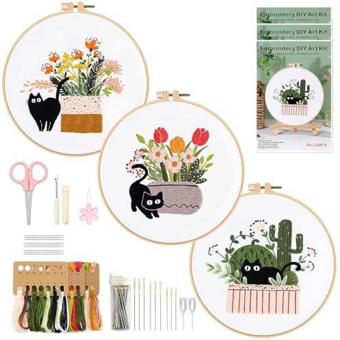 Qibivfo Stickset für Anfänger, 3 Katzen- und Blumenmotive mit Stickrahmen