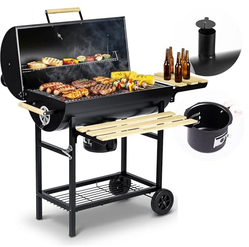 Berdsen träkolgrill, grillvagn med lock och skorsten – stort grillgaller 70 x 35 cm – XXL grill med termometer, asklåda och flasköppnare – mobil på hjul