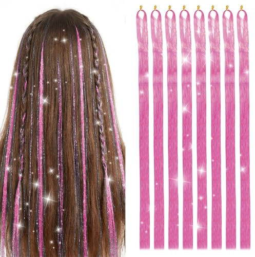 8 Packungen hellrosa haarsträhnen, 120 cm lange, glatte, glitzer haarsträhnen – hair tinsel für Kinder, Frauen und Mädchen glitzer haare für Karneval, Cosplay und andere festliche Anlässe