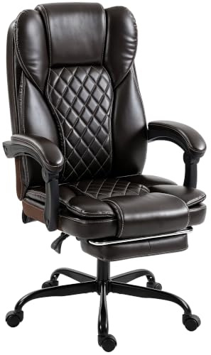 HOMCOM High-Back Executive Home Office Chair with 360 Degree Swivel, Brown | PU Leather Computer Desk Chair, Reclining Function, Retractable Footrest, Adjustable Height