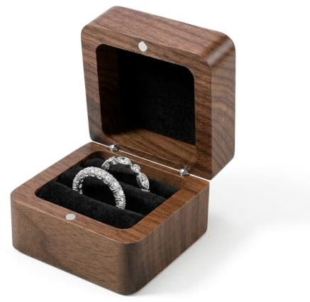 Ajcotahm Wedding Ring Box, Small Square Wooden Double Ring Boxes | Solid Wood Engagement Ring Holder 2 Slots Vintage Jewellery Storage Case for Proposal Wedding Engagement Ceremony Anniversary