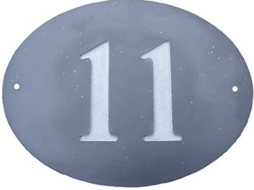 NUMBER 11 OVAL NATURAL GREY SLATE HOUSE DOOR NUMBER 7 x 6 DEEPLY ENGRAVED NATURAL SURFACE SIGN PLAQUE HOUSE WARMING GIFT (175 x 150mm) No. 11 ELEVEN ROUND by FastCraft UK