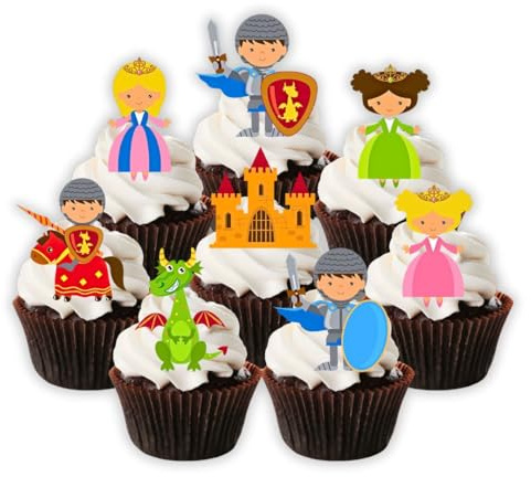 Knights & Dragons Ritter Drachen Prinzessin Edible Cupcake Toppers - Stand Up Wafer Cake Decorations (Packung mit 24)