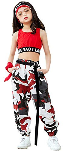 LOLANTA 2 Pezzi Ragazze Hip Hop Street Dance Solo Set, Crop Tank Top + Pantaloni Jogger mimetici, Rosso, 10-11 anni, 150