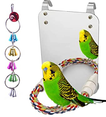 LOPERDEVE 7 Bird Mirror with Rope Perch Bird Toys Swing, Comfy Perch for Greys Amazons Parakeet Cockatiel Conure Lovebirds Finch Canaries