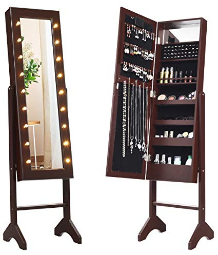 COSTWAY 18 LED-Schmuckschrank neigungsverstellbar, Schmuckregal mit Ganzkörperspiegel und kleinem Schminkspiegel, Schmuck Spiegelschrank für Makeup (Braun)