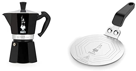 Bialetti 4953 Espressokocher Moka Express für 6 Tassen in schwarz, Aluminium & Moka Induktionskochteller Adapter für die Verwendung von Kaffeekannen und Kochgeschirr, Stahl, 13 CM