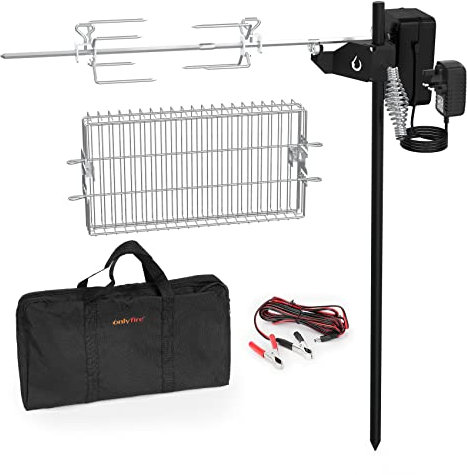 onlyfire BBQ Rotisserie Grill Kit Floor Stand Spit Roaster including Rotisserie Basket, Spit Forks, Battery Motor with Power Adapter, Car Charging Cable, Carrying Bag for Outdoor Camping Barbecue