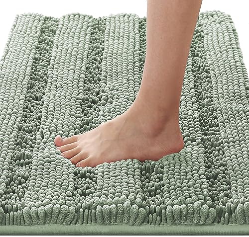 H.VERSAILTEX Bath Rugs for Bathroom Non Slip Bath Mats Extra Thick Chenille Striped Rug 20 x 32 Absorbent Non Skid Fluffy Soft Shaggy Washable Dry Fast Plush Mat for Indoor, Bath Room, Tub - Sage