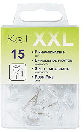 K3T Pinnwandnadeln XXL 15er Packung, transparent/klar, Art. Nr. 48343