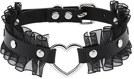 JewelryWe Schmuck Damen Choker Halsband Leder Spitze Halskette Gothic Punk Lolita Herz Collier Kette verstellbare Schnalle Kragen Halsketten für Frauen Mädchen Schwarz