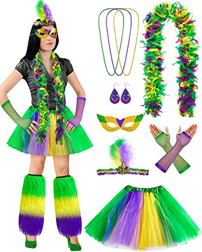 Jecery 13 Pcs Mardi Gras Costume for Women Outfit Accessory Set Include 2 Leg Warmer Cover Feather Boa Half Mask Tutu Skirt 3 Bead Necklace Feather Headband 2 Fishnet Gloves 2 Earring