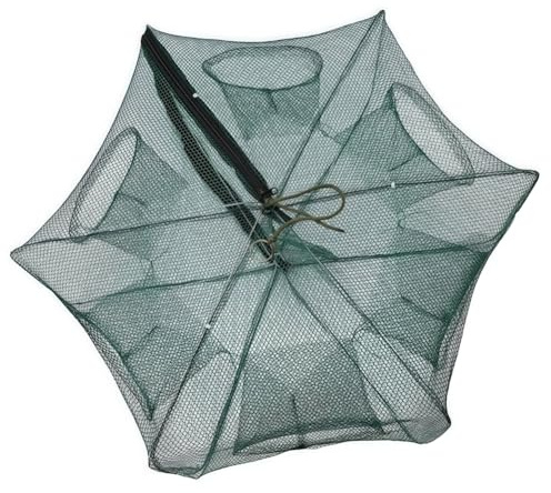 Joyzan Foldable Fishing Net Trap, 6 and 12 Holes Automatic Shrimp Cage Fish Trap Nylon Portable Umbrella Crab Crayfish Perch Trout Baits Cast Mesh Crabbing Equipment Pinfish Turtles Traps(6 Holes)