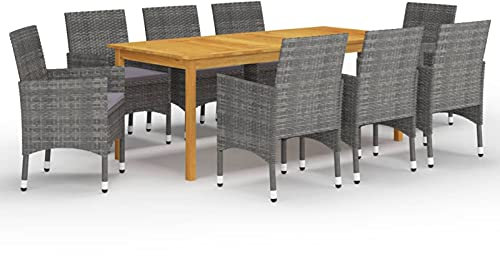 Gecheer 9-TLG. Garten Essgruppe 8 Personen, Terrassenmöbel Set, Sitzgruppe Holz Esstisch & 8 Rattan Stühle mit Kissen, Gartenmöbel Set Poly Rattan Grau