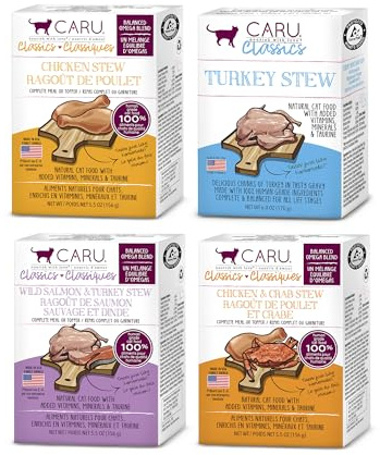 Caru - Classics Stew for Cats Variety Pack - Salmon & Turkey, Chicken, Turkey, Chicken & Crab - Healthy Functional Wet Cat Food or Food Topper - Balanced Omega Blend - 5.5 oz Cartons - Pack of 4