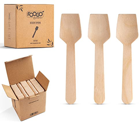 FOOGO Green 1000pcs Cuillères à Dessert en Bois Jetables, Certifiées FSC®, 9,5cm Petit Couverts Jetables en Forme de Bêche, pour Glaces et Gâteaux, Ecologiques et Robustes, Comme les Couverts Bambou