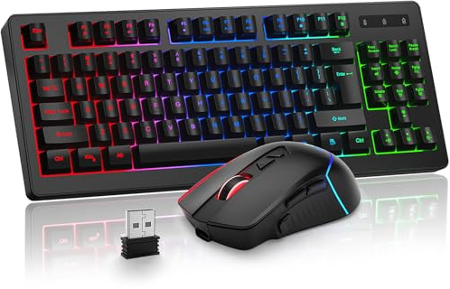 BlueFinger Wireless Keyboard and Mouse Combo, Long Lasting Rechargeable Battery 87 Keys RGB Rainbow Backlit Gaming Keyboard & Ergonomic Light Up Gaming Mouse for Mac Laptop Computer PC Gamer