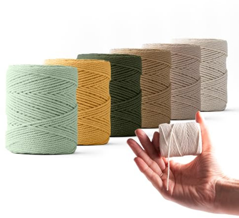 LEDENT Corda per macramè (1mm, 6x65m, set 6 colori) - Corda a doppia torsione in cotone riciclato al 100% per il macramè - Set di 6 rotoli piccoli in colori naturali.