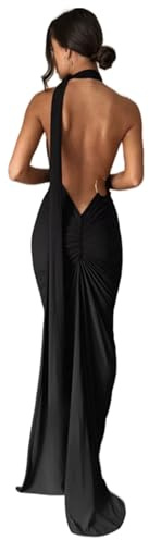 JUMISEE Robe Longue Sexy à Une épaule et Dos Nu pour Femme, Robe de soirée élégante sans Manches à Fronces et Anneaux en O, Robe Longue de Cocktail, Noir, Taille S