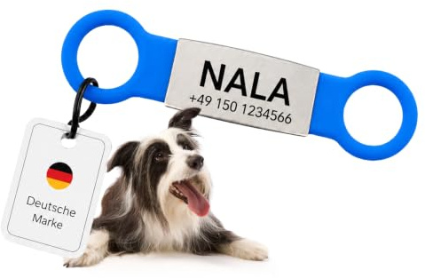 Hundemarke personalisiert für Halsband, Slider mit Gravur, Blau, Größe S | Edelstahlplatte in weichem Silikon sitzt angenehm und klapperfrei; passend für gängige Halsbandbreiten, Halsband nicht im Set