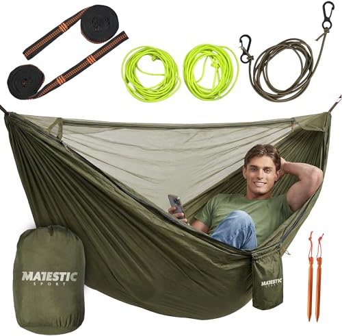 MAJESTIC SPORT Hängmatta med myggnät Hedera lätt bärbar för utflykter till bergen i skogen enkel montering camping strand vandringsmatta utomhus 330 x 150 cm 300 kg, grön