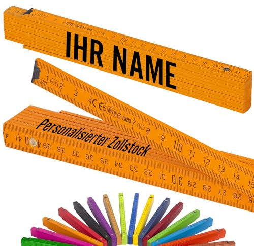 Metrie™ Zollstock - PERSONALISIERT – Gliedermaßstab | Meterstab, Maßstab - 2m - Leuchtorange - Duplex Teilung, Hergestellt in der EU – Druck mit Namen, Wunsch-Text für Handwerker | BLOCK 52-1 Stück