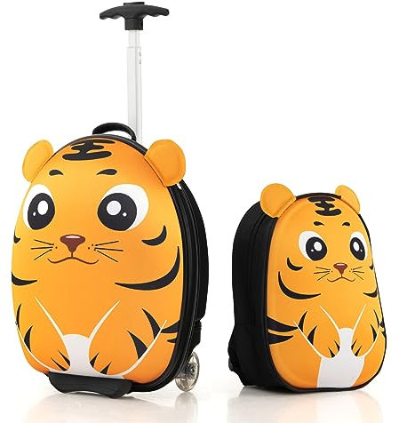 GOPLUS 2 TLG. Kinderkoffer mit Rucksack Kinder Reisekoffer Set Kinder Trolley Kinder Gepäck (Tiger)